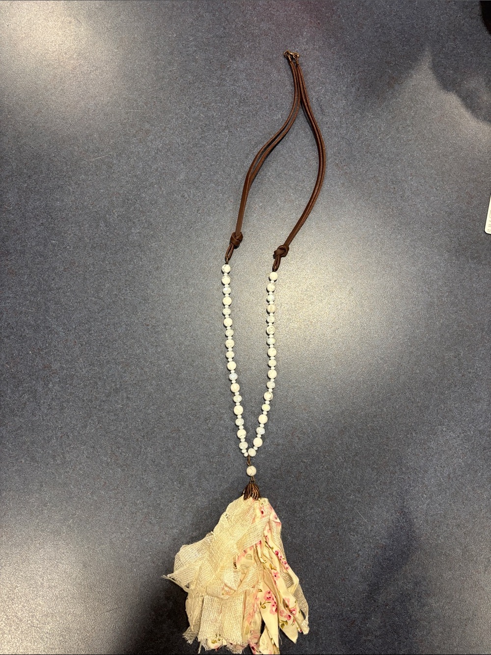 Boho White Bead Tassel Necklace by